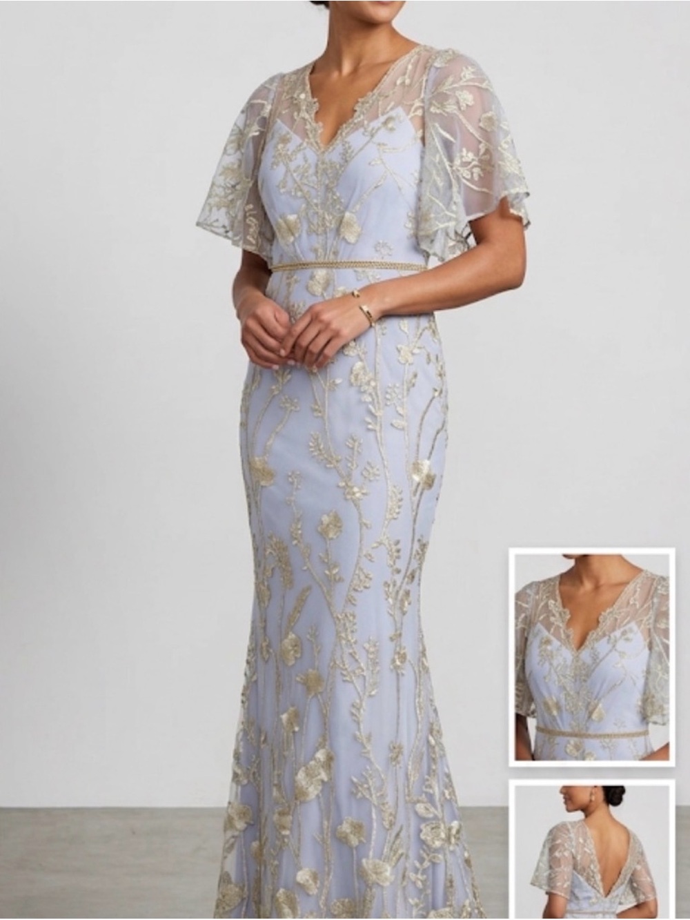Marchesa Notte Designer Blue Gold Silver Embellished Lace Overlay Gown Size 14